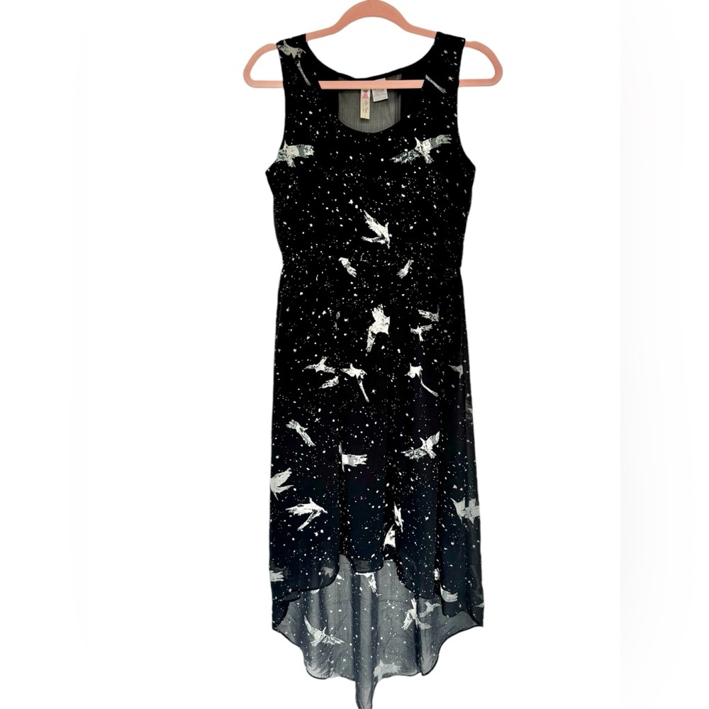 Alice Moon by MoonCollection black hi-lo dress with bird print SIZE S